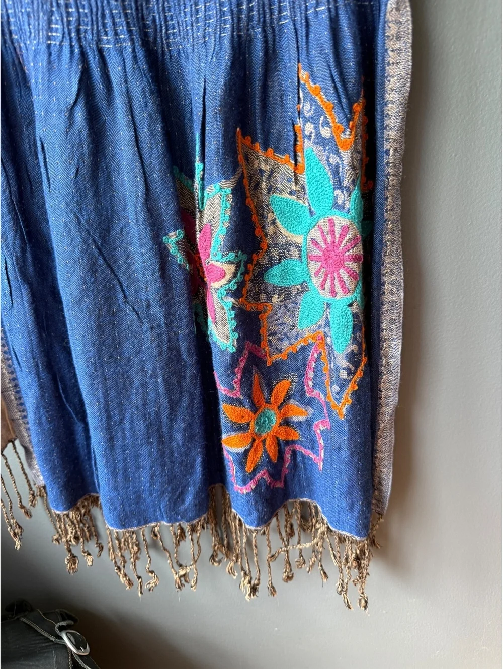 Bohemian Style Two-Tone Scarf/shawl with Floral Embroidery and Fringe